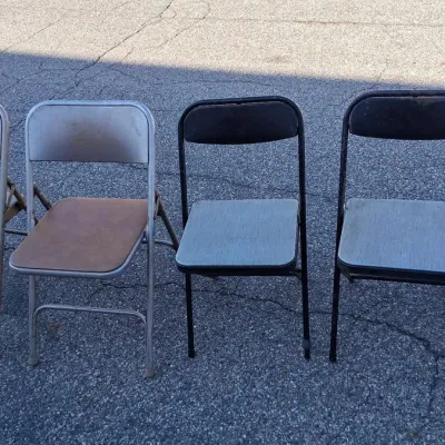 7 Vintage Metal Folding Chairs, Purple Camping Chair, Foldable Roller Cart, and Driveway Reflectors