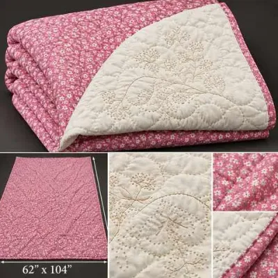 Pink Floral & Ivory Embroidered Reversible Quilt 62x104 - Hand Quilted - Pretty! - Potterville