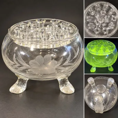 Vintage Viking Glass Flowerlite 3-Foot Etched Floral Bowl w/ Glass Flower Frog UV Reactive - Potterville