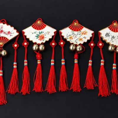 Vintage Chinese Fan Ornaments Set of 4 - Painted Designs, Bells & Red Tassels - Potterville
