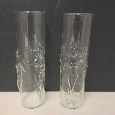 Pair of Art Glass Cylinder Vases w/ Raised Nude Figures