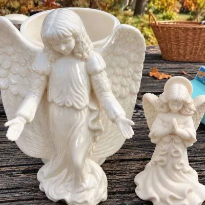 2 White Ceramic Angels Large Glossy Angel Planter & Bisque Praying Angel Candle Holder - Potterville