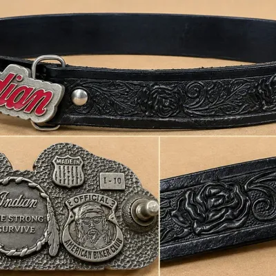 Vintage Indian Motorcycle The Strong Survive Biker Buckle and Tooled Leather Belt - Potterville