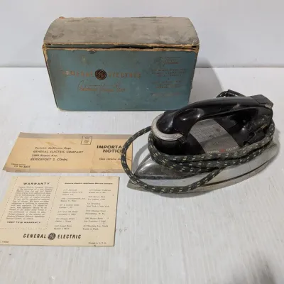 Vintage General Electric Automatic Budget Iron, In Box, Original Paperwork, Wrapped Cord - Estate Sales Warehouse (GR)