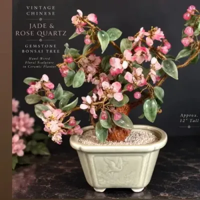 Vintage Chinese Rose Quartz and Jade Gemstone Bonsai Tree - Hand-Wired Floral Sculpture - Potterville