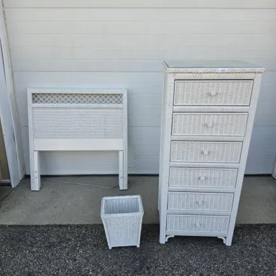 Lexington Henry Link Wicker 6-Drawer Chest, Twin Headboard and Wastebasket - White Bedroom Set
