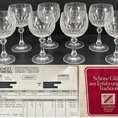 Sale Photo Thumbnail #21: 8 Vintage Schott Zwiesel "Bellavista" lead crystal water goblets, made in Germany-Box/Receipt - Potterville