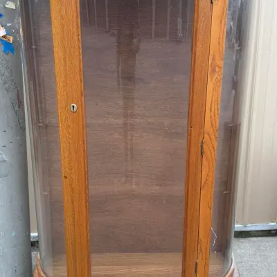 Vintage Oak Curved Glass Curio Cabinet Display Case with Key