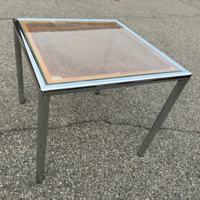 Chrome Frame End Table: Mid-Century Style Glass Top Side Table with Woven Cane Insert