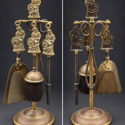 Vintage Brass Fireplace Tool Set with Ornate Spinning Wheel Figures, Stand - Potterville