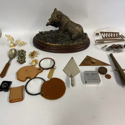 Antique Collectibles Lot: Vintage Brass Canon, Bear Sculpture & Mixed Collectibles Lot
