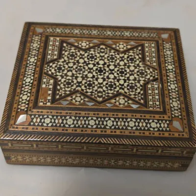 Middle Eastern Marquetry Mosaic Inlaid Wood Box, Hinged Lid