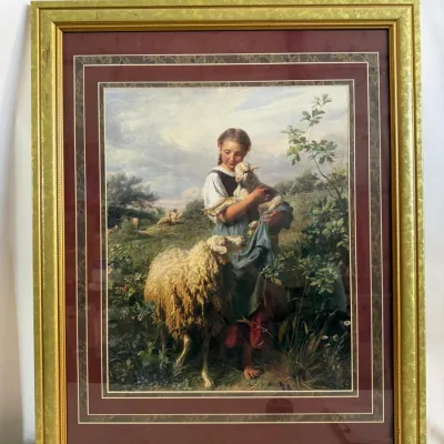 Framed Shepherdess Art Print: Young Girl with Sheep Pastoral Landscape