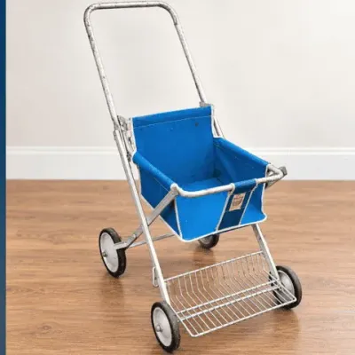 Vintage Gold Star Blue Canvas Baby Stroller with Metal Frame, 4 Wheels & Storage Basket - Potterville