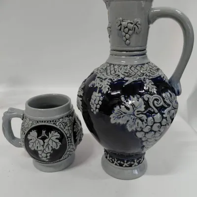 Vintage German Salt Glazed Stoneware Wine or Cider Pitcher and 1 Matching Mug
