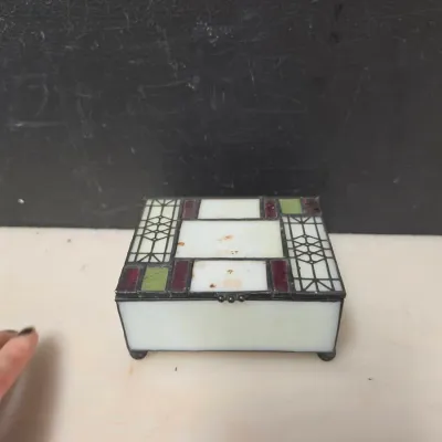 Leaded Slag Glass Hinged Trinket Box with Ball Feet