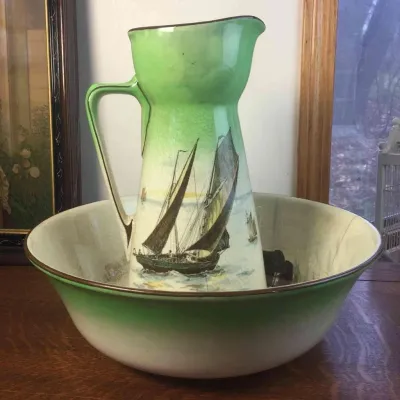 Large Antique Royal Doulton Wash Bowl Basin Pitcher Set Boats Ships