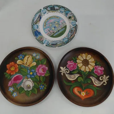 2 Vintage Hand Painted Decorative Plates - Folk Art, Scandinavian Style and 1 NY 1965 World's Fair