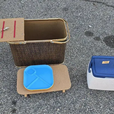 Wicker Picnic Basket with Plates and Silverware plus Coleman Cooler