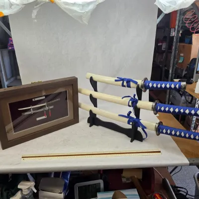 Decorative Shadow Box Frame w/ Yi Sun-sin Long Sward Replica/ 3 Pc. Set of Japanese Samurai Swords