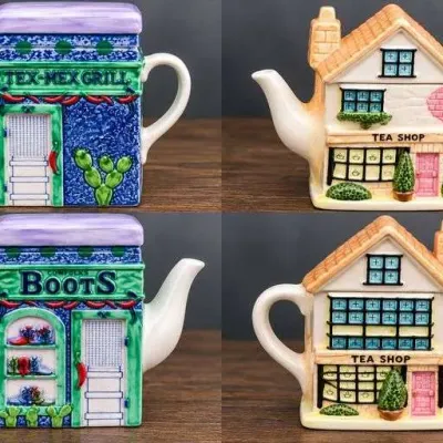 2 Vintage Ceramic Novelty Teapots Cowfolks Boots/Tex-Mex Grill & Cottage Tea Shop - Potterville