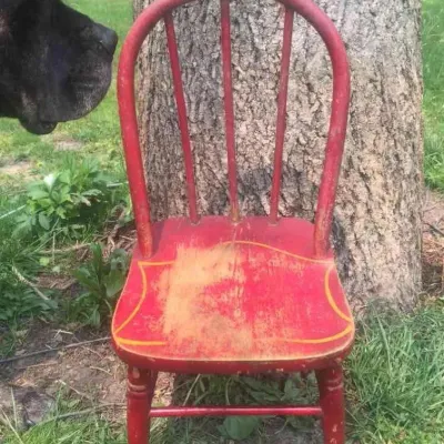 Vintage Old Chippy Red Yellow Paint Wooden Baby Doll Size Small Bow Back Chair
