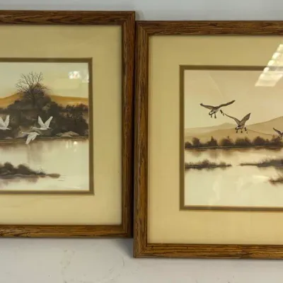 Windsor Art Framed Wildlife Prints Pair: Flying Geese and Swans Landscape Art