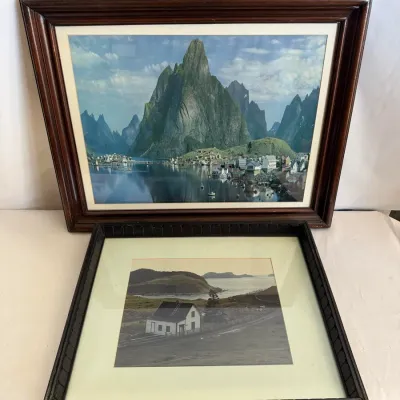Framed Scenic Landscape Prints Pair: Mountain Fjord and Coastal Farmhouse Art