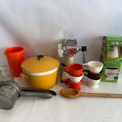 Vintage Kitchenware Lot: Ice Bucket, Food Mill, Solo Cups and Retro Utensils