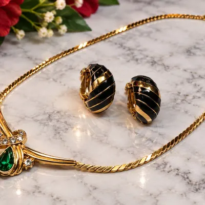 Ellen Designs Signed Black Enamel Clip Earrings & Jeweled Gold-Tone Necklace 3-Piece Lot - Potterville