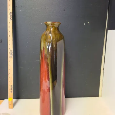 Drip Glaze Art Pottery Vase, 15 in Tall, Red and Olive Green