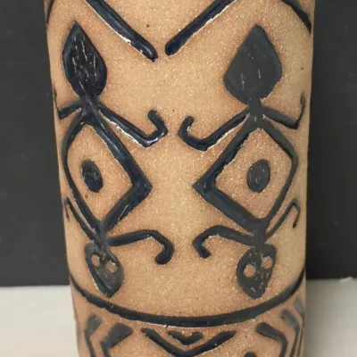 Signed K. Krumrey Studio Pottery Cylinder Vase, Incised Design