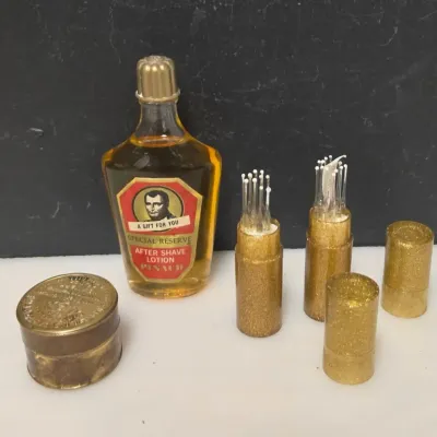 Pinaud After Shave Sample, Brass Trinket Box and Needle Vials