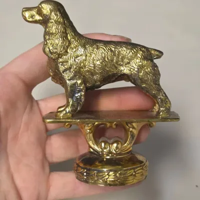 Gilt Metal Spaniel Dog Figurine on Ornate Pedestal Base