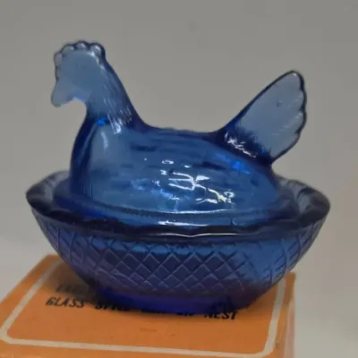 Mini Cobalt Blue Glass Hen on Nest Covered Dish with Original Box