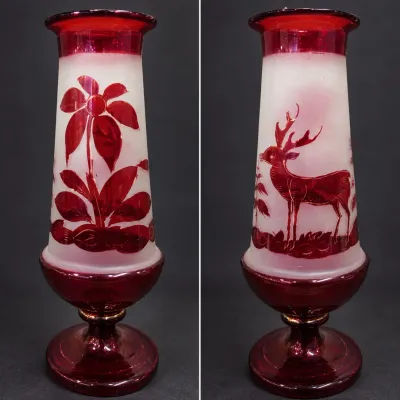 Antique Bohemian-Style Ruby-Flashed Glass Pedestal Vase Etched Stag & Floral Motifs 1890-1910 - Potterville