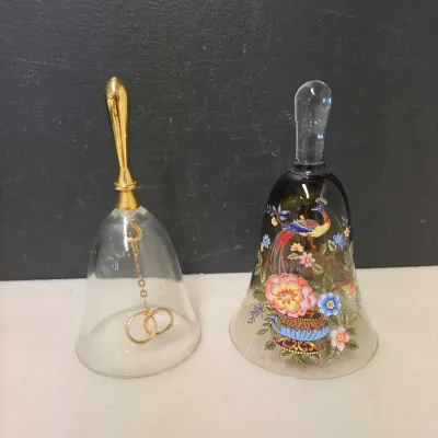 Pair of Glass Bells incl. Enameled Peacock and Floral Smoked Bell