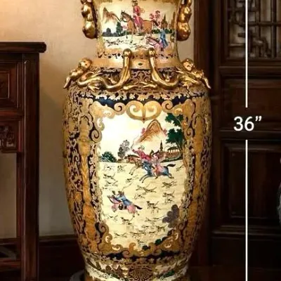Huge 36 1/2" Vintage Chinese Porcelain Floor Vase Jar Gold