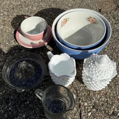 Vintage Kitchenware and Glassware Lot, Milk Glass Hobnail, Blue Rose Bowl