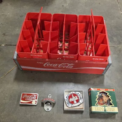 Coca-Cola Collector Lot - Wood Crate, 8-Pack Carriers, Belt Buckles, Bottle Opener, Ornament