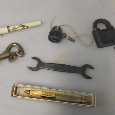 Vintage Titanic Pen, Ford Wrench, and Other Antique Collectibles - 2 Locks with Keys!