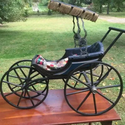 Antique 19th Century Victorian Doll Carriage Pram Buggy Wooden Fringed Canopy