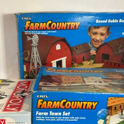 2 Farm Country Sets - Round Gable Barn Set and Farm Town Set, Monopoly Game