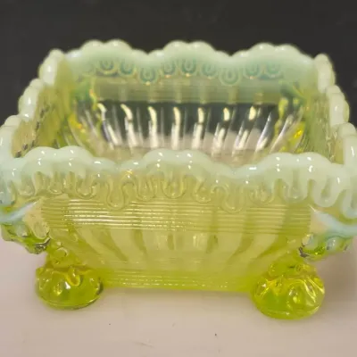Vaseline Opalescent Glass Square Footed Salt Dish - Glows