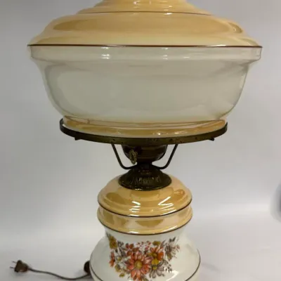 Vintage Hurricane Table Lamp: Floral Glass & Ornate Brass Base