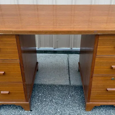 Mid-Century Modern Double Pedestal Oak Desk: Vintage Executive Office Workstation