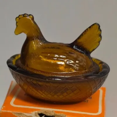 Mini Amber Glass Hen on Nest Covered Dish w/ Original Box