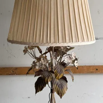 Vintage Toleware Floral Metal Table Lamp with Pleated Shade
