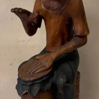 Signed T. Desormeaux Hand-Carved Wood Seated Drummer Figurine from Haiti