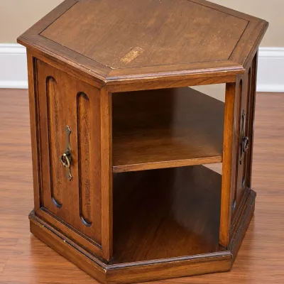 Vintage Hexagonal Wooden Accent End Table with Cabinet Storage